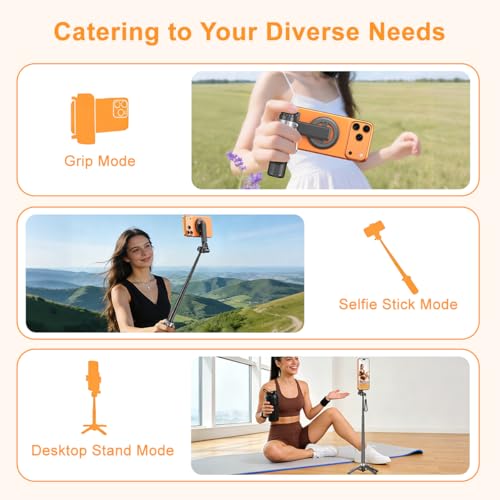 Upgrated 5-in-1 Magnetic Selfie Stick with Remote for Cell Phone 360° Rotation.Can Transforms into Mini Tripod/Camera Grip/Handheld Stabilizer/Phone Stand.Extend to 25 inches - color: Black
