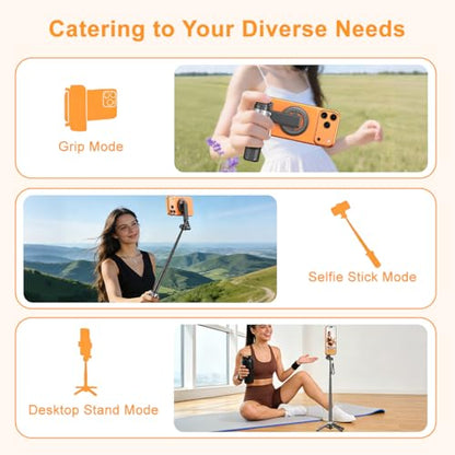 Upgrated 5-in-1 Magnetic Selfie Stick with Remote for Cell Phone 360° Rotation.Can Transforms into Mini Tripod/Camera Grip/Handheld Stabilizer/Phone Stand.Extend to 25 inches - color: Black