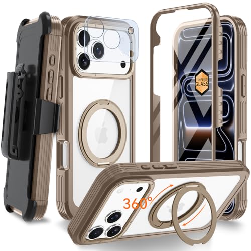 Magnetic for iPhone 17 Pro Case, Compatible with MagSafe, Full Body Rugged Case with Built-in Screen Protector & Kickstand & Belt-Clip (Gold) - color: Gold