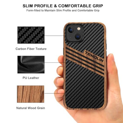 TENDLIN Magnetic Case Compatible with iPhone 14 Plus Case Wood Grain with Carbon Fiber Texture Design Leather Hybrid Slim Cover (Compatible with MagSafe) Three Stripe - color: Magnetic Three Stripe, size: iPhone 14 Plus
