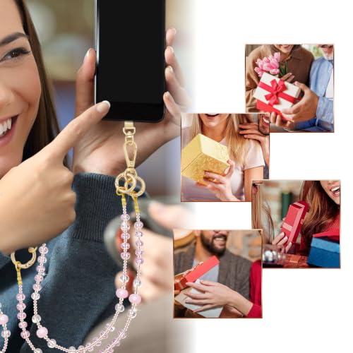 Crystal Phone Strap Crossbody and Wrist Lanyard, Anti Theft Layered & Wrist Strap Cell Phone Neck for Women - color: Pink Beaded
