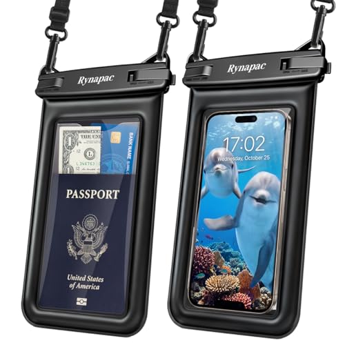 Rynapac Waterproof Phone Pouch Floating [Up to 8.5''], 2 Pack IPX8 Dry Bag | Touchscreen & Underwater Photography, Adjustable Lanyard, for iPhone 17 16 15 14 Pro Max, Gglaxy S25, Beach Cruise Essentials - color: Black + Black, size: Regular Size [8.5inch]