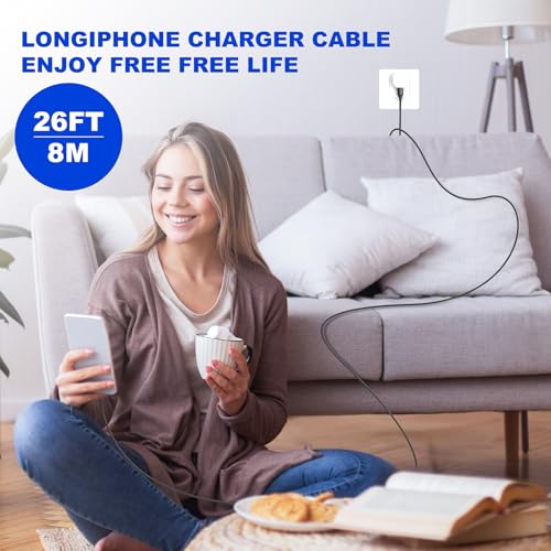 26FT/8M Extra Long iPhone Charger Cord [Apple MFi Certified] Braided iPhone Charger Fast Charging USB to Lightning Cable for iPhone 14/13/12/11, iPad (Black)