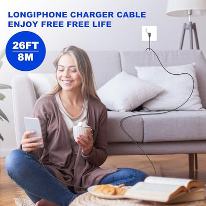 26FT/8M Extra Long iPhone Charger Cord [Apple MFi Certified] Braided iPhone Charger Fast Charging USB to Lightning Cable for iPhone 14/13/12/11, iPad (Black)