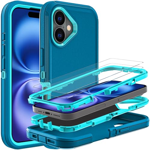 YKHJKLEC for iPhone 16 Case, Military Grade 3 in 1 Heavy Duty Shockproof/Drop Proof/Dust Proof Case with 2Pcs Tempered Glass Screen Protector (Blue/Turquoise) - color: Blue/Turquoise