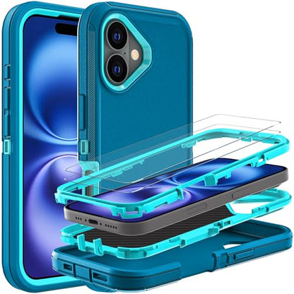 YKHJKLEC for iPhone 16 Case, Military Grade 3 in 1 Heavy Duty Shockproof/Drop Proof/Dust Proof Case with 2Pcs Tempered Glass Screen Protector (Blue/Turquoise) - color: Blue/Turquoise