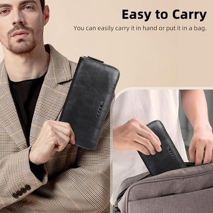 VISOUL Leather Long Zipper Pouch Wallet for Men and Women with RFID Blocking, Large Clutch Cash Long Wallet with Zipper (Black) - color: Black