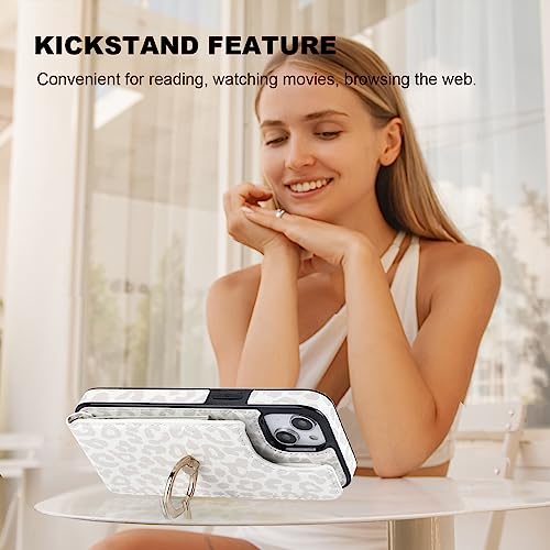 HAOPINSH for iPhone 13/ iPhone 14 Wallet Case with Card Holder, 360°Rotation Ring Kickstand, White Leopard Cheetah Pattern, RFID Blocking Leather for Girls Women, Double Buttons Flip 6.1" - color: White Leopard