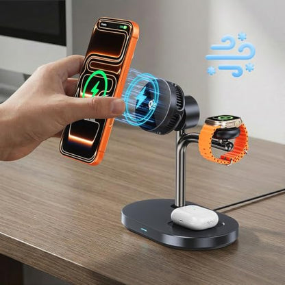 Qi2.2 25W 3 in 1 Wireless Charging Station with TEC Active Cooling Mag-Safe Charger Stand,Magnetic Qi 2 Wireless Charger for iPhone 17-8,Galaxy S26/S25/S24,Apple/Samsung Watch,Pods/Buds (Black) - color: black