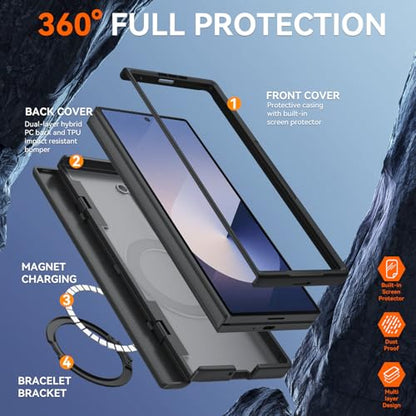Upgraded 360° Spin Magnetic Invisible Ring Stand for Samsung Galaxy Z Fold 6 Case,[Compatible with MagSafe][S Pen Holder][Hinge Protection][Screen Protector],Shockproof Full Body Phone Cover (Black) - color: Black