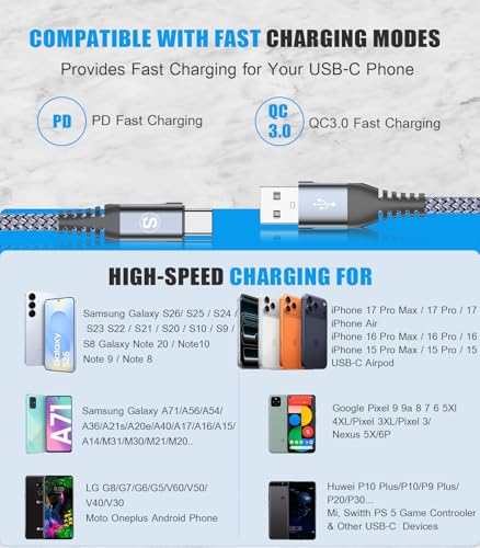 sweguard USB to USB C Cable 3-Pack 10ft 6ft 6ft Fast Charging Braided - color: Grey, size: 10ft+6ft+6ft