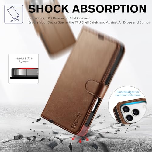 TUCCH Case Wallet for iPhone 17 Pro (6.3") 2025, RFID Blocking Folio, Brown | 4 Card Holders, Kickstand, PU Leather, Magnetic Closure, Shockproof TPU Shell, Protective Flip Cover - color: Brown