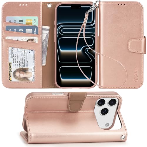 Arae Compatible with iPhone 17 Pro Case Wallet with Card Holder, Wristlet Strap Wallet Flip Cover for iPhone 17 Pro 6.3 inch Men/Women, RFID Blocking, Kickstand, Rose Gold - color: Rose Gold, size: iPhone 17 Pro 6.3 inch