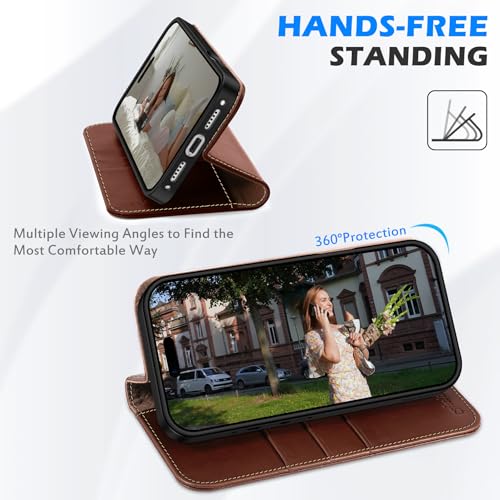 SHIELDON Genunine Leather Case Wallet for iPhone 17 Pro 6.3", Retro Coffee | Flip Magnetic Cover, Kickstand, RFID Blocking, 3 Credit Card Holder, Book Design, Shockproof, Soft Inner Phone Case - color: Retro Coffee