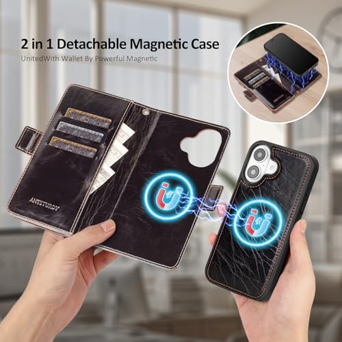 Antsturdy Compatible with MagSafe iPhone 17 Wallet Case,Coffee | Detachable Magnetic Credit Card Holder,RFID Blocking,PU Leather Zipper Purse,Wrist Strap Kickstand,Flip Phone Cover for Women - color: (Detachable with Magsafe)-Coffee