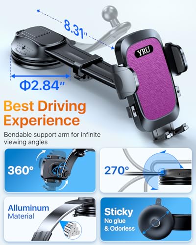 YRU [2026 Ultimate Car Phone Holder Mount [Bendable & Adjustable Aluminum Arm] Cell Phone Holder for Car Dashboard Windshield Phone Stand for iPhone 17 16 15 14 Pro Max Samsung Pickup Truck, Rose Red - color: Rose Red
