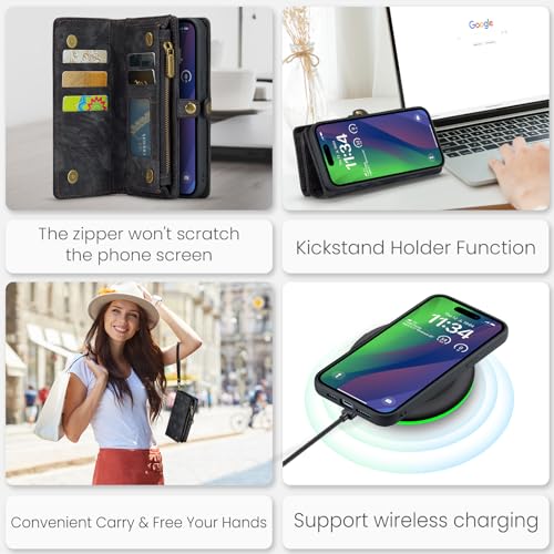 Compatible with iPhone 15 Plus Wallet Case with Magsafe,Black | Magnetic Detachable Case,Card Holder,Zipper Pocket,Strap Wristlet, Soft Leather Drop-Proof Phone Case for iPhone 15 Plus 6.7" - color: Black, size: iPhone 15 Plus 6.7"