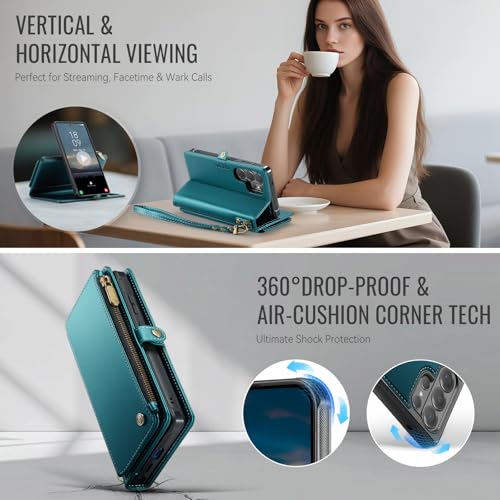 Defencase for Galaxy S26 Ultra Case Wallet Compatible with Magsafe, Green | Magnetic Detachable, RFID Bolcking Card Holder, Zipper Strap, PU Leather Drop-Proof Phone Cover for Samsung Galaxy S26 Ultra - color: (Detachable with Magsafe)-Blue Green