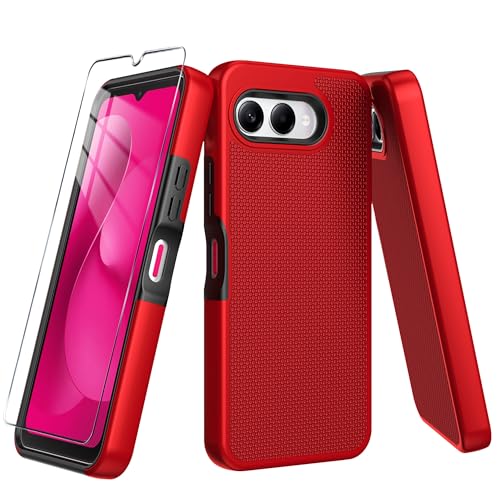 for T-Mobile REVVL 8 Phone Case with Tempered Glass Screen Protector,Dual Layer Heavy Duty Shockproof Protection Cover (Red) - color: Red