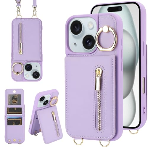 Crossbody Wallet Case for iPhone 11, Purple | Card Slots, Zipper Pocket, Flip Folio Purse, RFID Blocking, Ring Kickstand with Detachable Strap - color: Purple, size: iPhone 11(6.1")