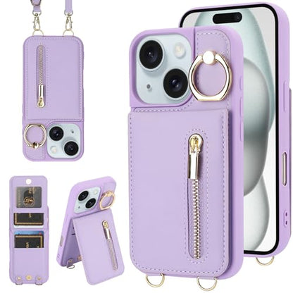 Crossbody Wallet Case for iPhone 11, Purple | Card Slots, Zipper Pocket, Flip Folio Purse, RFID Blocking, Ring Kickstand with Detachable Strap - color: Purple, size: iPhone 11(6.1")