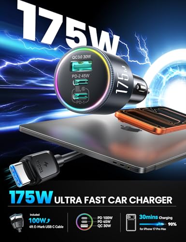 JOYROOM 175W Super Fast Car Charger, 3-Port Car Charger USB C Fast Charge