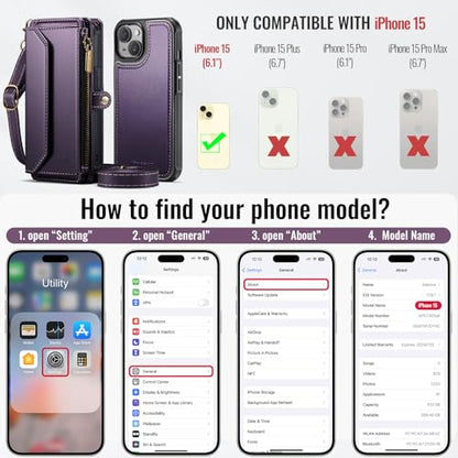 Strapurs for iPhone 15 Magnetic Detachable Wallet Phone Case, Purple - color: (Detachable with Magsafe)-Purple, size: iPhone 15 - 6.1"