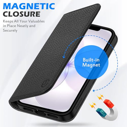SHIELDON Real Leather Case Wallet for iPhone 17e/16e 6.1", Pebbled Black | Flip Magnetic Cover, Kickstand, RFID Blocking, 3 Credit Card Holder, Book Design, Shockproof, Soft Inner Phone Case - color: Pebbled - Black