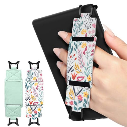 MoKo 2 Pack Security Hand Strap for 6-8" Kindle eReaders Fire Tablet-Kindle/Kobo/Voyaga/Lenovo/Sony E-Book Tablet,High-Elasticity Versatile Hand Strap Lightweight Finger Grip Holder,Agave Green+Flower - color: Agave Green+flower