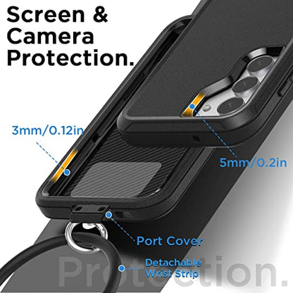 AICase for Galaxy S23 Case with Detachable Anti-Lost Hand Strap/Wristband,Heavy Duty Drop Protection Full Body Rugged Shockproof/Dust Proof 3-Layer Military Protective Durable for Samsung S23 6.1" - color: Black+Black Anti-lost wristband