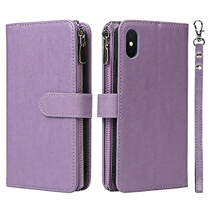 iCoverCase for iPhone X/XS Wallet Case with Card Holder and Wrist Strap, PU Leather Kickstand Card Slots Zipper Pocket Magnetic [Detachable] Flip Cover Case 5.8 Inch (Purple) - color: Purple