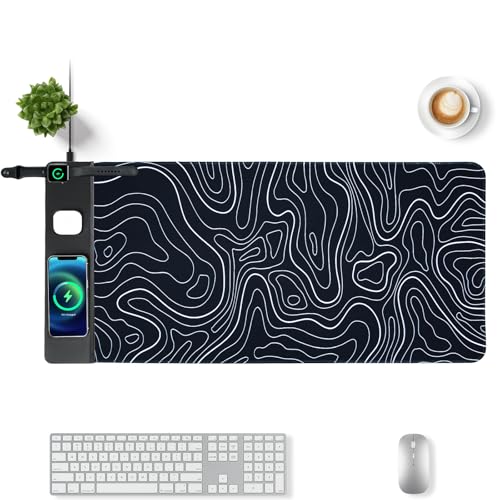 VOVIPO 3 in 1 Wireless Charging Mouse Pad, Gift for Dad/Office Manager,Wireless Charger Compitable with iPhone/Watch/airpods. Wireless Charging Desk Mat 90 x 40cm,Black Topographic Computer Desk Pad - color: Black Topographic