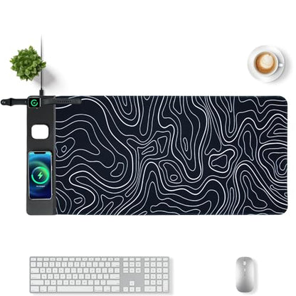 VOVIPO 3 in 1 Wireless Charging Mouse Pad, Gift for Dad/Office Manager,Wireless Charger Compitable with iPhone/Watch/airpods. Wireless Charging Desk Mat 90 x 40cm,Black Topographic Computer Desk Pad - color: Black Topographic