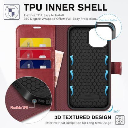 TUCCH Case Wallet for iPhone 13 (6.1") 2021, RFID Blocking Folio, Dark Red | 3 Card Holders, Kickstand, PU Leather, Magnetic Closure, Shockproof TPU Shell, Protective Flip Cover - color: Dark Red