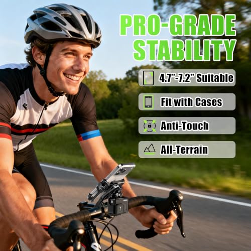 RBRL Bike Phone Mount,1s Quick-Lock Bicycle Handlebar Phone Holder,CNC Machined & Forged Aluminum for Ultimate Stability,Anti-Shake V-Shape Clamp for Ebike,No Camera Block,Fits 4.7–7.2" Phones - color: handlebar mount