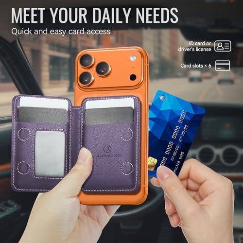 WJX MagSafe Magnetic Phone Wallet, RFID Slim 6 Card Holder with Cash Slot & Clear ID Window, Mini Gift‑Ready Wallet for Google/Samsung/iPhone 17/16/15/14/13/12 Series, Purple - color: H-purple