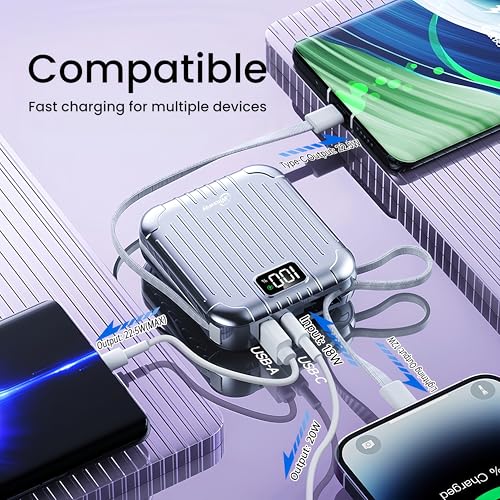 10000mAh Small 22.5W Power Bank with Built in Cable, 3A Fast Charging, 4 Outputs 2 Inputs, Mini Portable Charger for Samsung Google Pixel LG Moto iPhone iPad