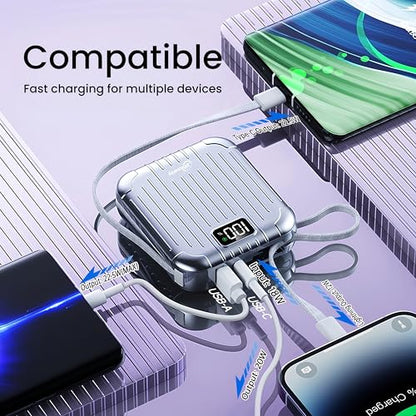 10000mAh Small 22.5W Power Bank with Built in Cable, 3A Fast Charging, 4 Outputs 2 Inputs, Mini Portable Charger for Samsung Google Pixel LG Moto iPhone iPad