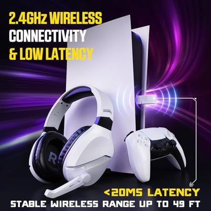 Wireless Gaming Headset with Mic for PS5 PS4 PC, 48Hrs, Wired for GameCube - color: White