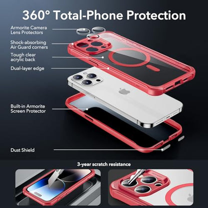 ESR for iPhone 15 Pro Max Case, Compatible with MagSafe, Full-Body Military-Grade Drop Proof Case with Built-in 9H+ Tempered Glass Screen Protector, Armor Series, Clear Red | Compatible with MagSafe, with Camera Lens Protector, Military-Grade Drop Protect