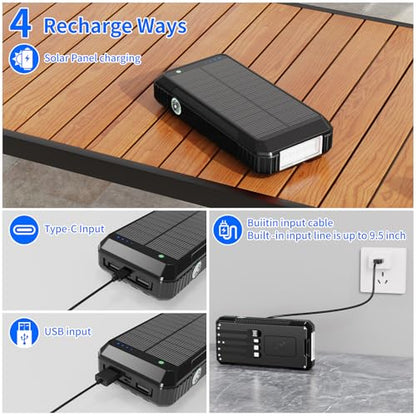 Solar Power Bank 49800mAh, Portable Charger with Built-in 4 Cables, 22.5W Fast Charging Solar Panel Charger for Traveling, Camping and Emergency(Black) - color: Black