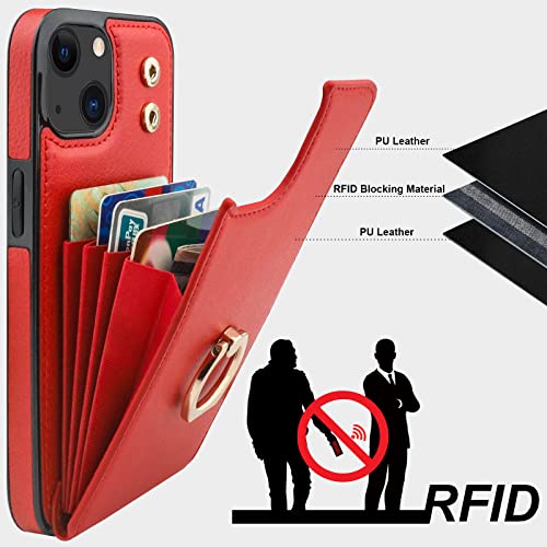 Folosu Compatible with iPhone 14 Case Wallet with Card Holder, 360°Rotation Finger Ring Holder Kickstand, RFID Blocking Leather Protective Double Buttons Shockproof Cover 6.1 Inch Red - color: Red, size: iPhone 14
