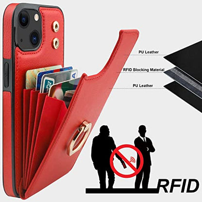 Folosu Compatible with iPhone 14 Case Wallet with Card Holder, 360°Rotation Finger Ring Holder Kickstand, RFID Blocking Leather Protective Double Buttons Shockproof Cover 6.1 Inch Red - color: Red, size: iPhone 14