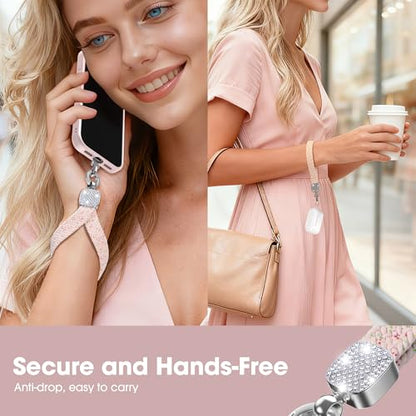 Elastic Phone Lanyard with Phone Tabs, Stretchy Braided Cellphone Wrist Strap and Keys Keychain - color: Bling Pink