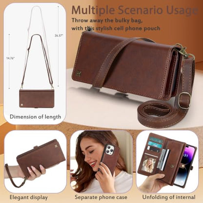 for Wallet Case Compatible with iPhone 14 Pro Max,Multi-Function Detachable 2 in 1 Magnetic iPhone 14 Pro Max Case Wallet,Flip Strap Zipper Card Holder Phone Case with Shoulder Straps(Brown) - color: Brown, size: iPhone 14 pro max
