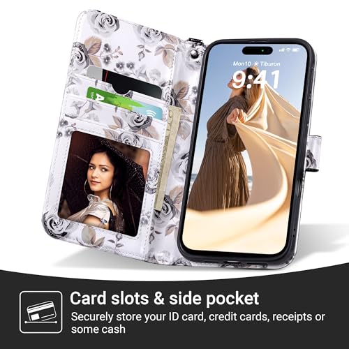 ULAK Compatible with iPhone 17 Pro Wallet Case with Card Holder, PU Leather Case with Kickstand Card Slots Wrist Strap, Durable Shockproof Protective Cover 6.3 Inch, Black Flower - color: Black, size: iPhone 17 Pro - 6.3 inch