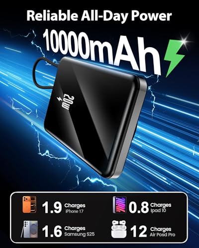 golioklsy Portable Charger Power Bank, 10000mAh Phone Charger with Built-in Cable, 20W PD Fast Charging, Slim Battery Pack with LED Display, Travel Essential for iPhone 17/16/15/14 All Series, Black | Charge from 20% to 85% in 30 Mins, 30% Smaller, magnet