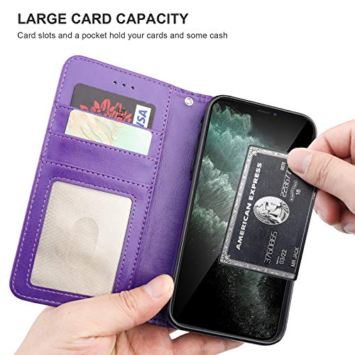 Bocasal Detachable Wallet Case Card Holder for iPhone 11, Purple | Kickstand Card Slots Holder PU Leather Magnetic Shockproof Wrist Strap Removable Flip Protective Cover 6.1 inch - color: Purple