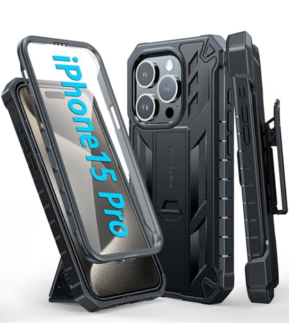 FNTCASE for iPhone 15 Pro Case with Belt Clip, Rugged Kickstand | Built-in Screen Protector, Military-Grade Drop Protection, Heavy Duty Shockproof Holster Protective Cover - color: T-Black