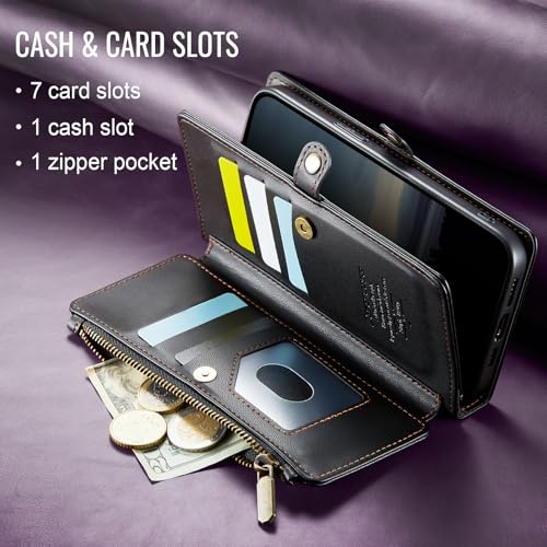 Defencase for iPhone 13 Pro Wallet Case with RFID Card Holder, Black | Durable Soft PU Leather, with Zipper Pocket, Wrist Strap, Fashion Snap Flip Phone Cases Cover with Stand for Women and Men - color: Black